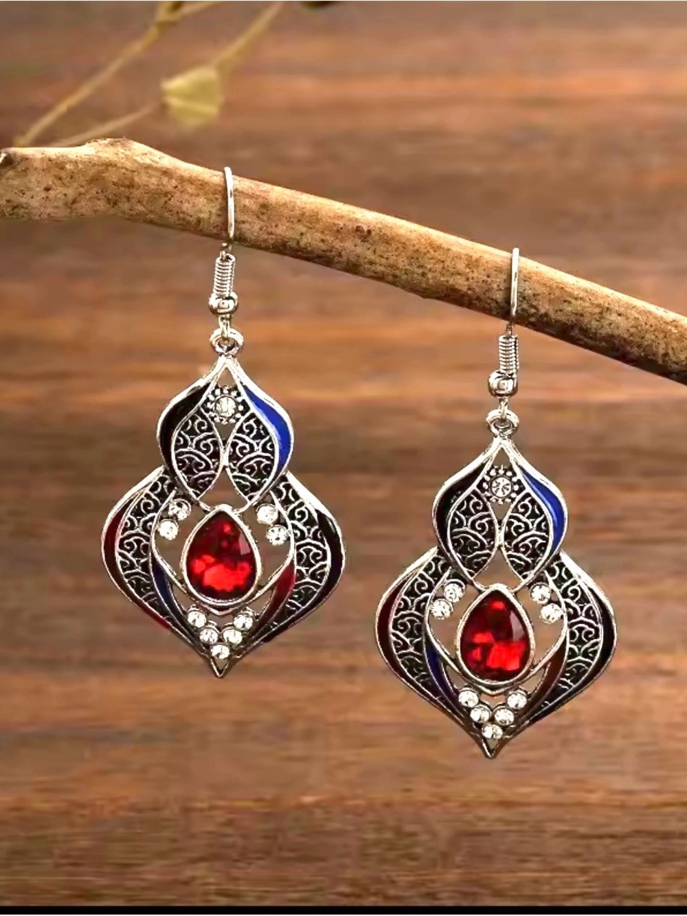 Red Teardrop Filigree Drop Earrings - Women Jewelry